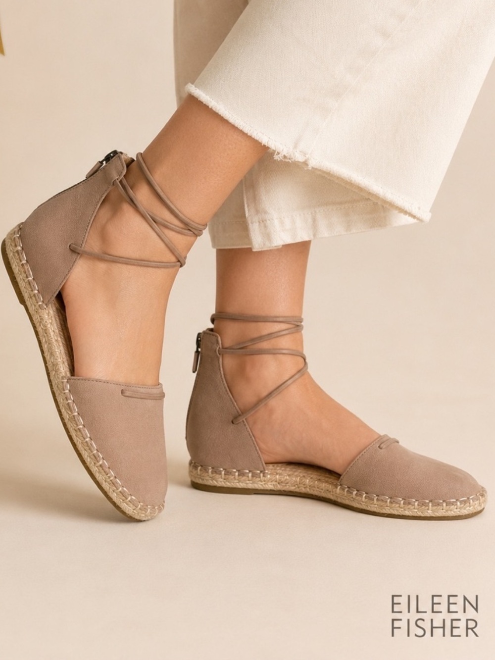 Eileen Fisher Lee D'Orsay Flat Espadrille Sandals Tan Leather- Size 9